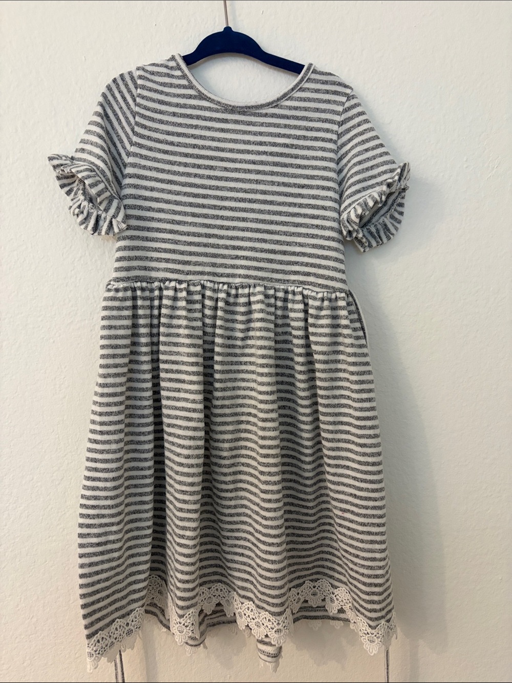 Rare Editions cotton Gray & White Striped Ruffle Sleeve Dress